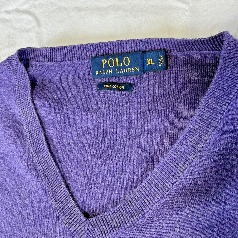 Polo Ralph Lauren Purple V-Neck Sweater Pima Cotton Blue Pony Logo Men's Size XL